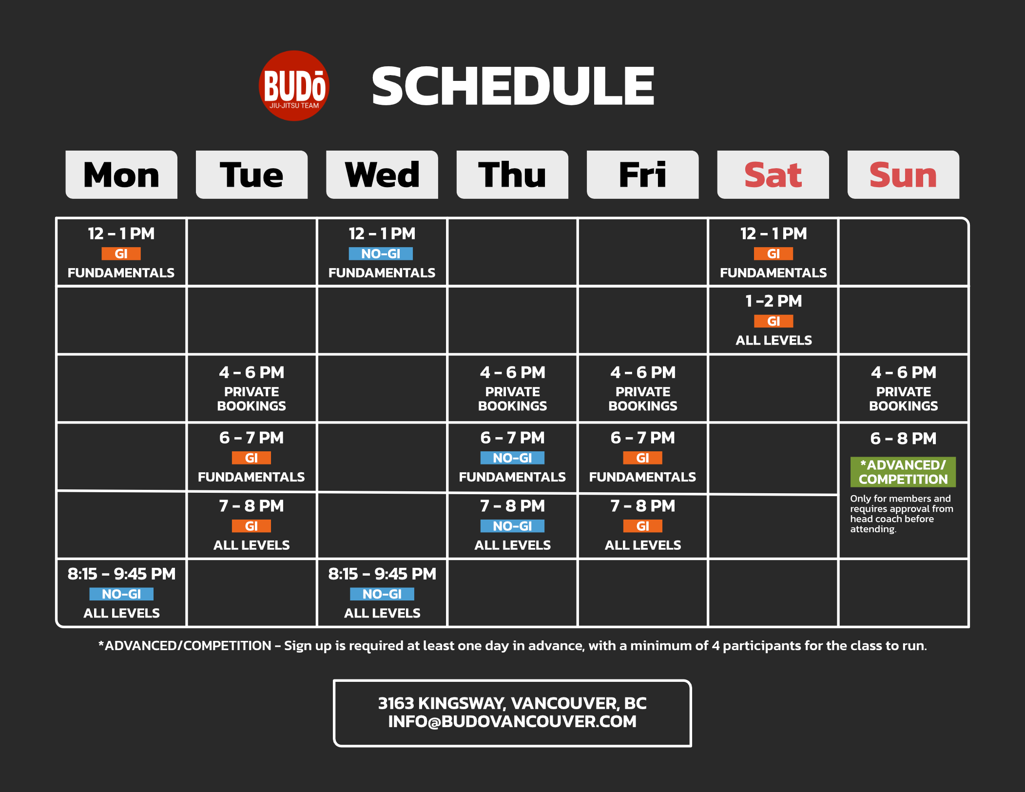 Budo Vancouver weekly class schedule - Gi and No-Gi BJJ classes